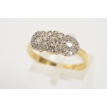 A TRIPLE ROW DIAMOND CLUSTER RING, comprising old single cut and old brilliant cut diamonds,