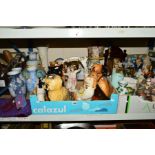 FOUR BOXES OF CERAMIC DOG ORNAMENTS, VASES, RELIGION RELATED FIGURES, PICTURES, etc, together with