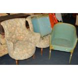 A PAIR OF FLORAL UPHOLSTERED EDWARDIAN BEDROOM CHAIRS together with a wicker chair and a wicker