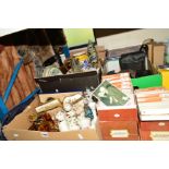 TWO BOXES OF CERAMICS, CAMERAS, board games, replica postcards, dressing table items, a fur coat and