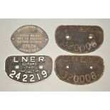 THREE L.N.E.R. CAST IRON WAGON PLATES, 20 Tons 1940 Darlington 242219, repainted, raised white