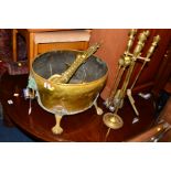 A LATE 19TH CENTURY BRASS OVAL LOG BUCKET on claw feet, brass fire iron set and various other