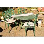 AN ALUMINIUM CIRCULAR PAINTED GREEN GARDEN TABLE on four legs with under tier shelf, together with