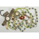 A SELECTION OF JEWELLERY, to include a marcasite wrist watch, an imitation pearl necklace, a