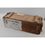 A LARGE WOODEN WITH STEEL FITTINGS WWII ERA AMMUNITION BOX, containing a full quantity of British '