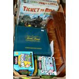 A SELECTION OF GAMES, to include Bagatelle board with balls, ticket to ride, Trivial Pursuit