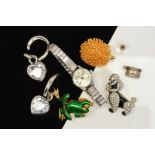 A SELECTION OF JEWELLERY, to include a wrist watch with expandable strap, an enamel frog brooch,