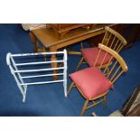 A SET OF FOUR ERCOL STYLE SPINDLE BACK CHAIRS, and a painted towel rail (5)