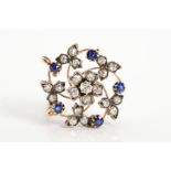 A LATE 19TH TO EARLY 20TH CENTURY SAPPHIRE AND DIAMOND BROOCH, a dainty floral cluster, measuring