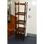 AN EDWARDIAN MAHOGANY FOUR TIER WHAT NOT of a square proportions, lipped edge to each shelf above