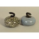 TWO NOVELTY WHISKY FLASKS, by Peter Thomson (Perth) Ltd, shaped as curling stones (2)