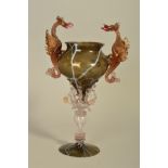 AN ORNATE FACON DE VENISE STYLE GLASS GOBLET, the bowl having gold leaf and white whiplash