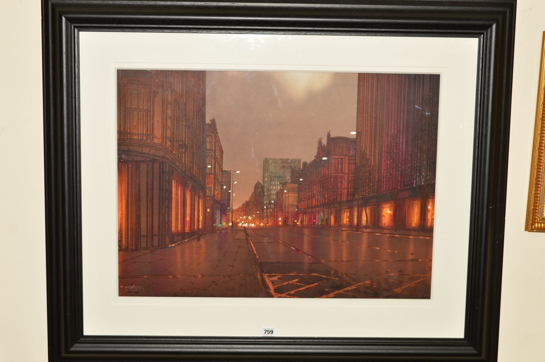 JANET KENYON (BRITISH 1959) 'LOOKING DOWN DEANSGATE MANCHESTER', a night time cityscape, signed