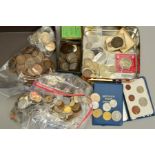 A TIN AND BOX OF MIXED COINS, TOKENS, to include some silver