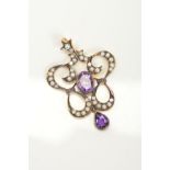 AN AMETHYST, SPLIT PEARL AND DIAMOND PENDANT, of scrolling openwork design set with split pearls and