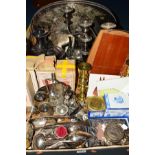 TWO BOXES OF SILVER PLATE AND OTHER METAL WARES, including boxed and cased goblets, a candelabrum,