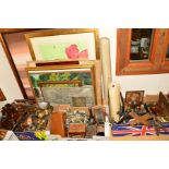 THREE BOXES AND LOOSE ITEMS to include hand bells, crucifixes, carved wooden rosary beads, brass