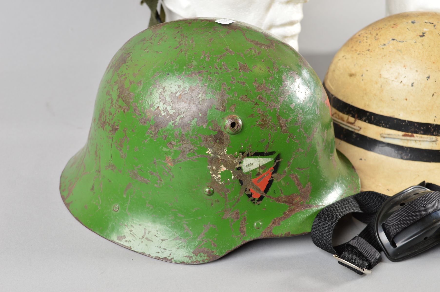 A BOX CONTAINING FIVE MILITARY HELMETS, as follows, Post War WWII era Eastern Block helmet, green - Image 3 of 8