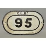 A CAST IRON CHESHIRE LINES RAILWAY BRIDGE PLATE, No.95, raised black lettering and detail on white