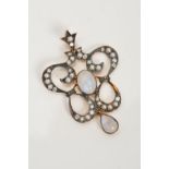 A MOONSTONE, DIAMOND AND SPLIT PEARL PENDANT, of openwork scrolling design set with a central oval