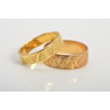 AN 18CT GOLD BAND RING AND A 9CT GOLD BAND RING, the 18ct gold ring of flat brand design stamped