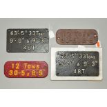 FOUR ASSORTED WAGON PLATES, 2 x '63'5'' 33 Tons 9'-0'' and 9'-3'' 48T, both are repainted, raised