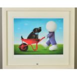 DOUG HYDE (BRITISH CONTEMPORARY) 'DAISY TRAIL', a stylised boy pushing his dog in a wheelbarrow,