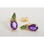 A MODERN PAIR OF AMETHYST, GREEN GARNET AND DIAMOND STUD EARRINGS, post and scroll fittings,