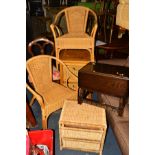 A PAIR OF WICKER CHAIRS, together with a wicker two drawer bedside, pair of beech bar stools, two