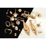 SEVEN PAIRS OF EARRINGS, to include a pair of drop earrings, a pair of heart shape colourless