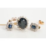A 9CT GOLD SAPPHIRE AND DIAMOND CLUSTER RING WITH A PAIR OF SIMILAR DROP EARRINGS, the ring with a