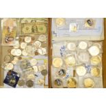 A CARDBOARD BOX OF UK COMMEMORATIVES, to include a gold half sovereign in 9k mount, together with an