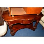 A VICTORIAN MAHOGANY CONSOLE TABLE, with a single drawer, flanked by shaped front uprights and an
