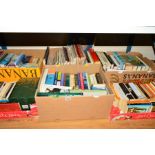 SIX BOXES OF ASSORTED BOOKS including antiques reference, general reference, paperback novels,