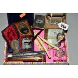 A BOX OF SILVER AND COLLECTABLES, including a brass cased carriage clock, a pair of silver octagonal