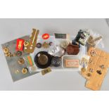 A PLASTIC BOX CONTAINING A VARIETY OF MILITARIA ITEMS, as follows, WWI Grenade (possible German