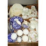 TWO BOXES OF LATE 19TH AND EARLY 20TH CENTURY CERAMICS, including blue and white tea wares, white