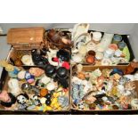 FOUR BOXES OF NOVELTY AND CHARACTER FIGURES, other animal ornaments and other ceramics including