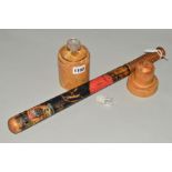 A VICTORIAN PAINTED TRUNCHEON, approximate length 46cm, together with a glass bottle and stopper