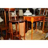 A YEW WOOD HALL TABLE with a green leather top and two drawers, an Edwardian plant stand, a