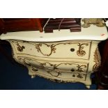 A CONTINENTAL PAINTED BOMBE SHAPED THREE DRAWER COMMODE, width 104cm x depth 50cm x height 92cm