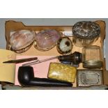 A BOX OF COLLECTABLES AND SILVER, including two Victorian/Edwardian carved shells, an Elizabeth II