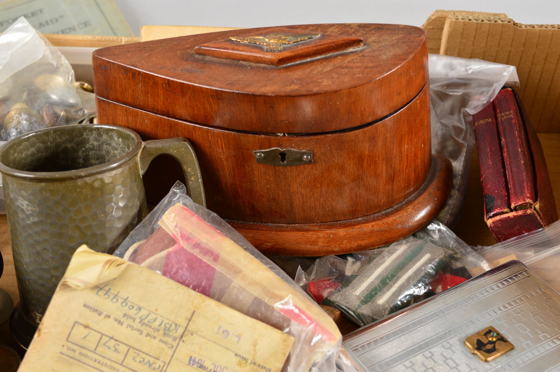 A BOX CONTAINING A LARGE NUMBER OF MILITARY RELATED ITEMS, to include Military Bibles and - Image 4 of 4