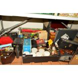 TWO BOXES, TIN TRUNK AND LOOSE SUNDRY ITEMS, to include cased 'Imperial' typewriter, two boxed