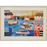 SALLY ANNE FITTER (BRITISH CONTEMPORARY) 'BRANCASTER HARBOUR', an abstract study of boats in a