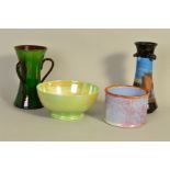 A SMALL GROUP OF POTTERY to include a Moorcroft iridescent green bowl, some wear to the ground,
