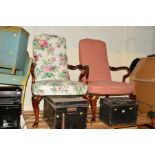 A PAIR OF FRENCH STYLE REPRODUCTION MAHOGANY ELBOW CHAIRS, with non matching upholstery and two