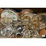 A BOX OF SILVER PLATE, majority second half 20th Century includes vases, cruet set, photograph