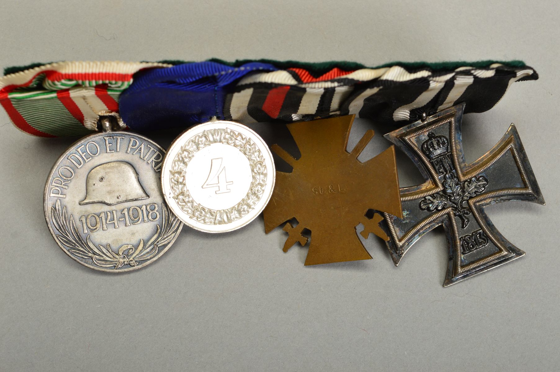 A WWI GERMAN MOUNTED GROUP OF FOUR MEDALS, as follows, Iron Cross, Hindenburg Cross with swords - Image 2 of 3