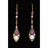 A PAIR OF RUBY, DIAMOND AND CULTURED PEARL DROP EARRINGS, each designed as a pear shape panel set